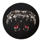 A circular black vinyl record or disc featuring a detailed graphic of two roaring tigers facing each other, with white stripes, black outlines, and bright red interiors, centered on a plain white background.